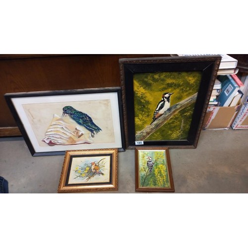 185 - A framed painting of a woodpecker and another bird picture.