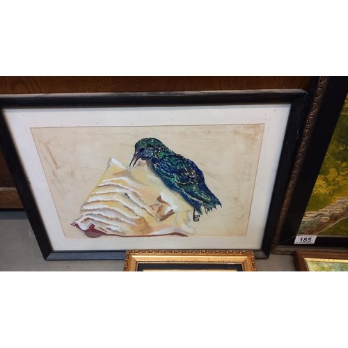 185 - A framed painting of a woodpecker and another bird picture.