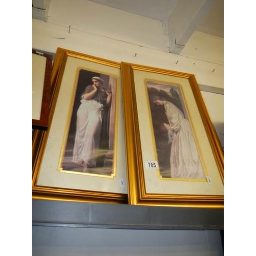 705 - A pair of gilt framed prints of ladies, 34 x 59 cm.