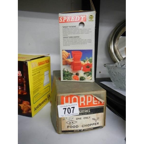 707 - A boxed vintage Bel burger press, Speedy herb chopper etc.,