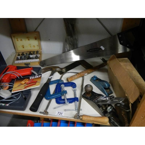 731 - A mixed lot of tools including spirit levels, Stanley plane, Weller soldering set etc.,