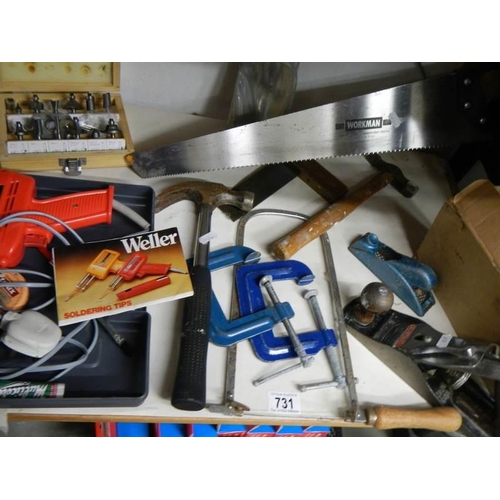 731 - A mixed lot of tools including spirit levels, Stanley plane, Weller soldering set etc.,