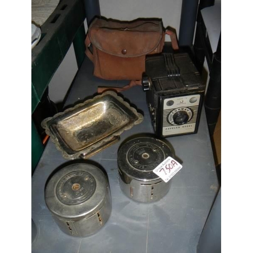 750A - Two vintage Yorkshire penny banks and a Conway box camera.