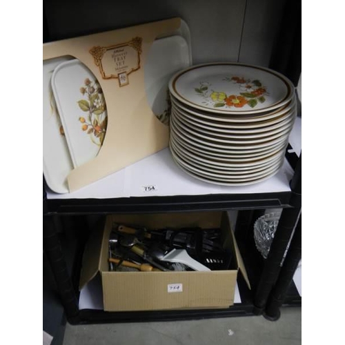 754 - A quantity of Mountain Wood collection trellis blossom dinner plates and a box of cutlery.