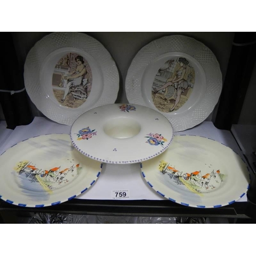 759 - Two Burleigh ironstone 'Naughty Nineties' plates, 2 Parrot company coronet ware hand painted plates ... 