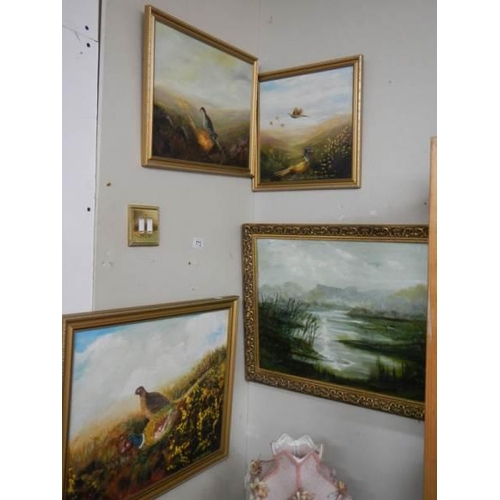 773 - Three gilt framed oil on board game bird painting and a mountain scene.