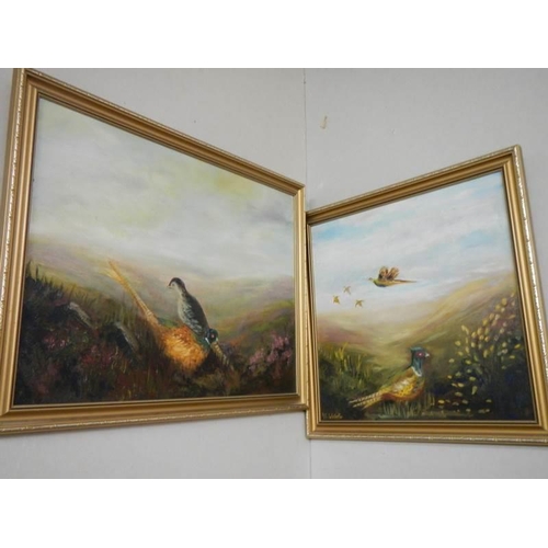 773 - Three gilt framed oil on board game bird painting and a mountain scene.