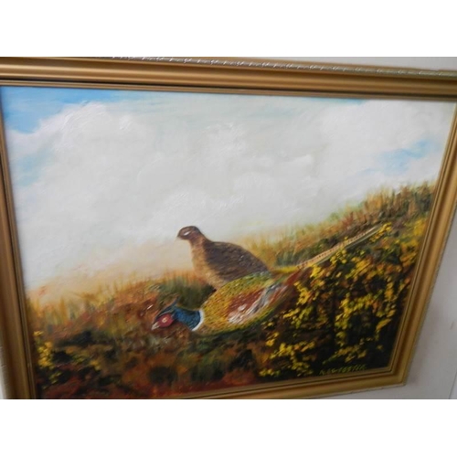 773 - Three gilt framed oil on board game bird painting and a mountain scene.