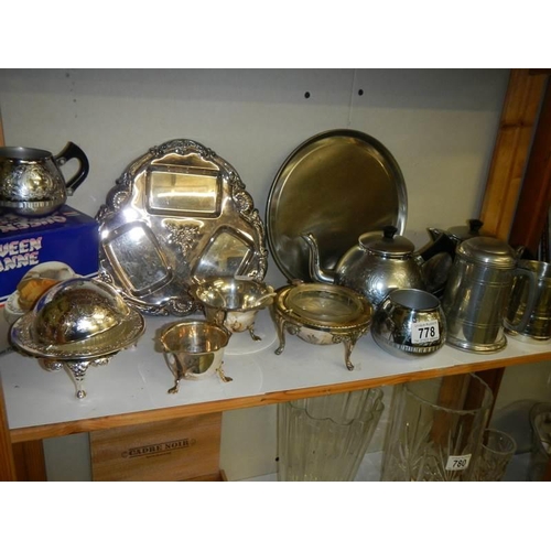 778 - A mixed lot of plated metal ware including Queen Anne butter dish.