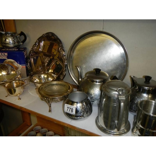 778 - A mixed lot of plated metal ware including Queen Anne butter dish.