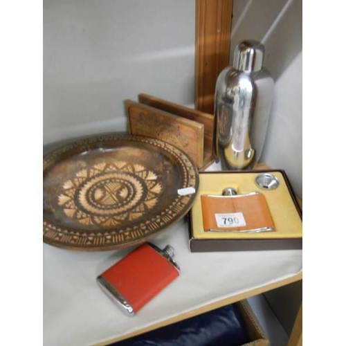 790 - A boxed hip flask, laser engraved letter rack and a carved Indian wooden plate.