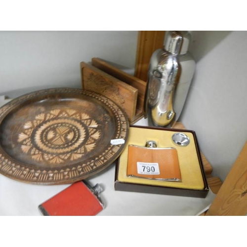 790 - A boxed hip flask, laser engraved letter rack and a carved Indian wooden plate.