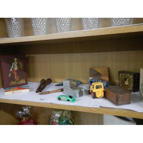 794 - A self of miscellaneous including wooden boxes, pastry crimper, Dinky and Corgi etc.,