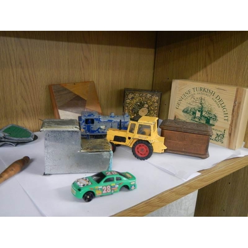 794 - A self of miscellaneous including wooden boxes, pastry crimper, Dinky and Corgi etc.,