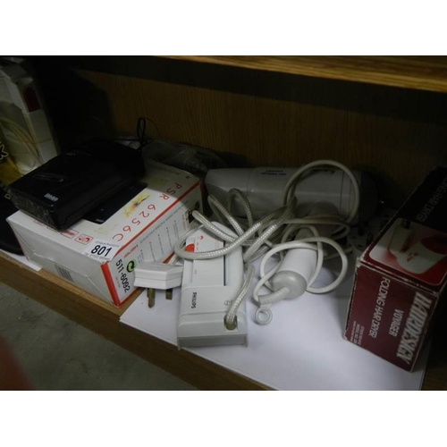 801 - A mixed lot of household electrical items including hair dryer, Bush personal stereo etc.,