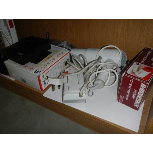 801 - A mixed lot of household electrical items including hair dryer, Bush personal stereo etc.,