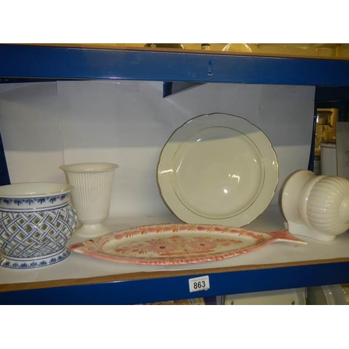 863 - A large Quimper France fish plates, blue and white planter, wall pocket etc.,