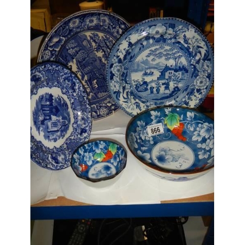 866 - Two Chinese pottery bowls and three blue and white plates.