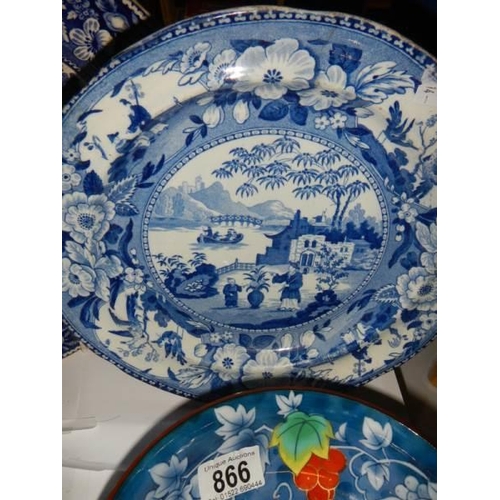 866 - Two Chinese pottery bowls and three blue and white plates.