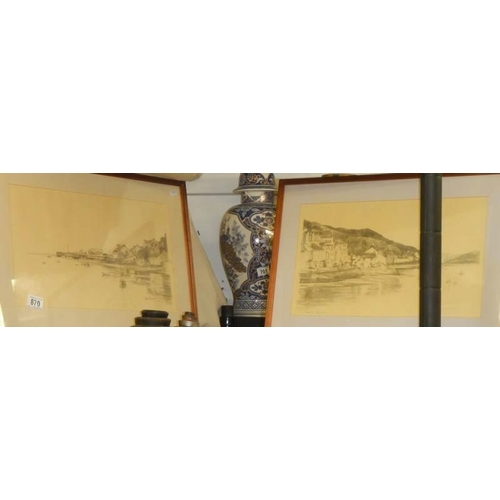 870 - A pair of framed and glazed pencil prints by Glyn & Claire Davies - Fishing villages possibly St. Ma... 