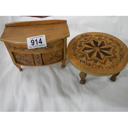 914 - A miniature inlaid sideboard and table.