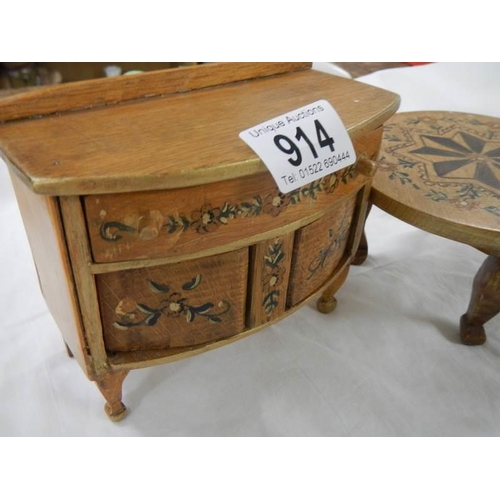 914 - A miniature inlaid sideboard and table.