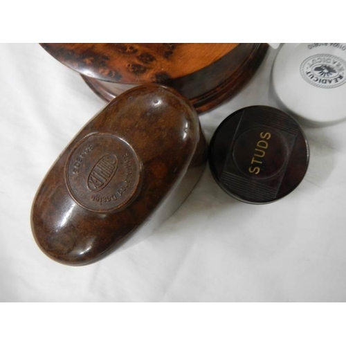 923 - A vintage walnut bottle coaster, Souplex shaving container etc.,