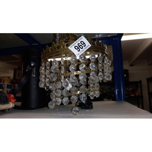 969 - A vintage three tier brass chandelier with glass droppers, COLLECT ONLY.