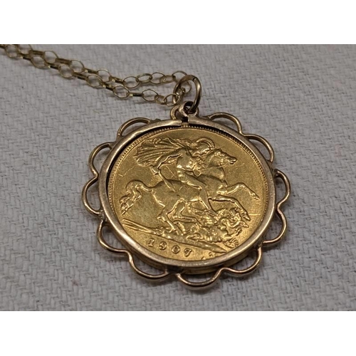 1008 - A 1907 Edward VII gold half sovereign in a 9ct gold mount on a 9ct gold chain, total weight 5.8 gram... 