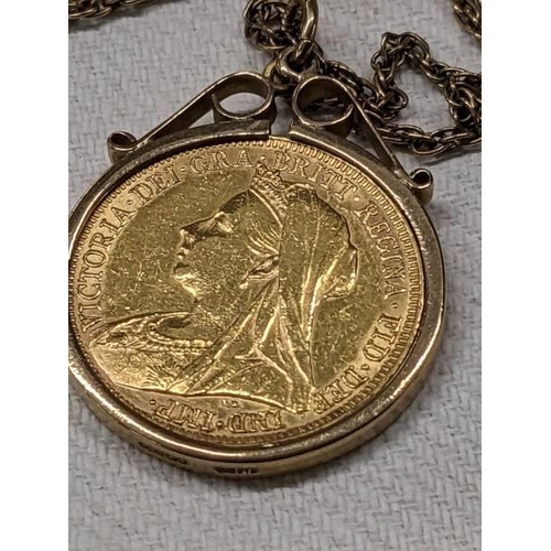 1017 - An 1896 Victoria Old Head gold sovereign on a 9ct gold chain, total weight 14.9 grams.