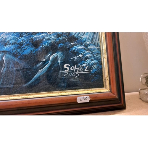 701 - A large blue painting on board of a tropical scene signed Sorel 2004 107cm x 82cm approx. COLLECT ON... 