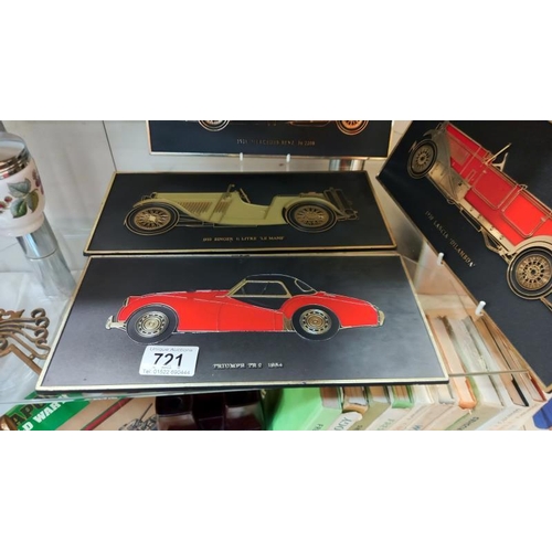 721 - 4 x 1960/70's vintage plastic sports cars wall plaques for Unipart, Singer 1933, Lancia 1930, Merced... 