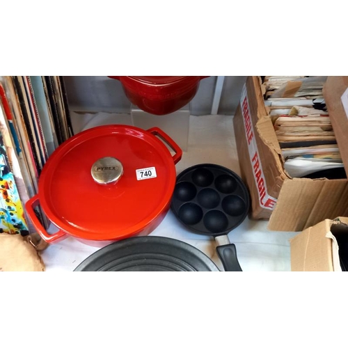 740 - 2 Le Creuset cast iron lidded pots and a Pyrex cast iron lidded pot and 1 other