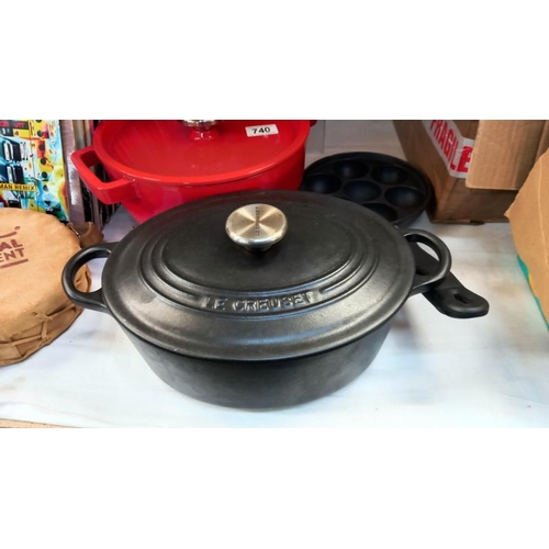 740 - 2 Le Creuset cast iron lidded pots and a Pyrex cast iron lidded pot and 1 other