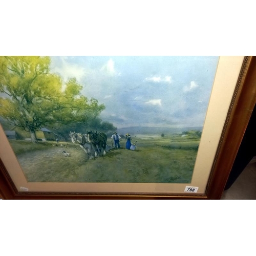 788 - A gilt framed print of heavy horses ploughing titled 'The Noon Visit' 69cm x 57cm COLLECT ONLY