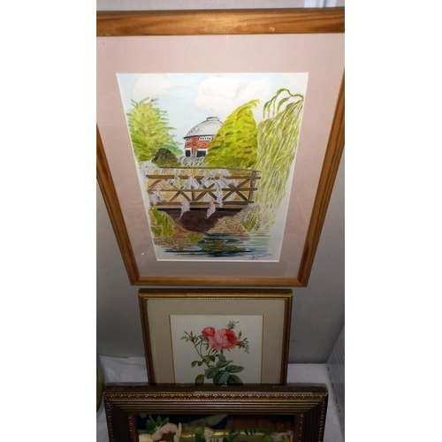 818 - A gilt framed painting of flowers on mirror & a watercolour of lilies under bridge etc.