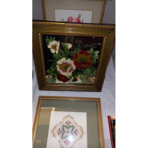 818 - A gilt framed painting of flowers on mirror & a watercolour of lilies under bridge etc.