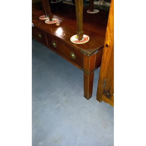 836 - A dark wood stained Military style coffee table with brass corners, 122cm x 59cm x 41cm, COLLECT ONL... 