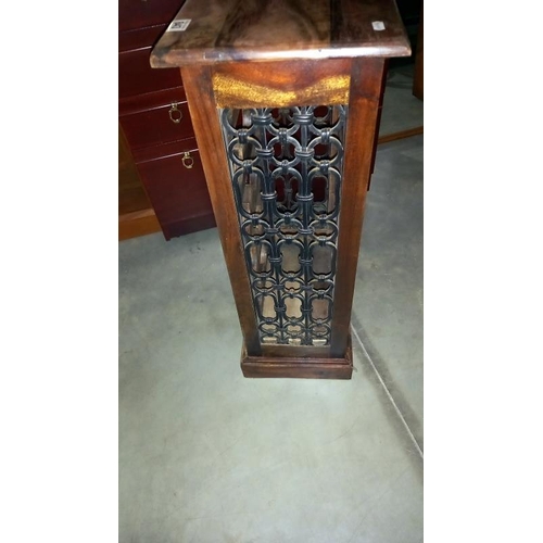 843 - A teak bottle cabinet with wrought iron sides, 47cm x 29cm x 80cm COLLECT ONLY