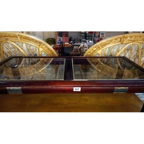 865 - A dark wood stained coffee table with 2 glass panels, COLLECT ONLY