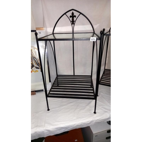 875 - A pair of wrought iron display units with glass shelves, shelf height  47cm x 48cm x 69cm, Back heig... 