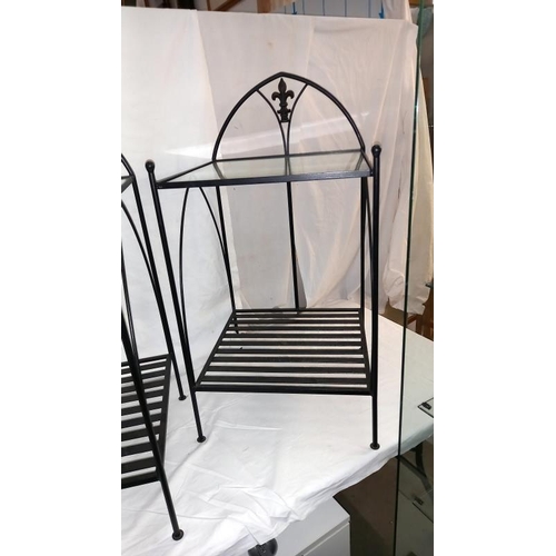 875 - A pair of wrought iron display units with glass shelves, shelf height  47cm x 48cm x 69cm, Back heig... 