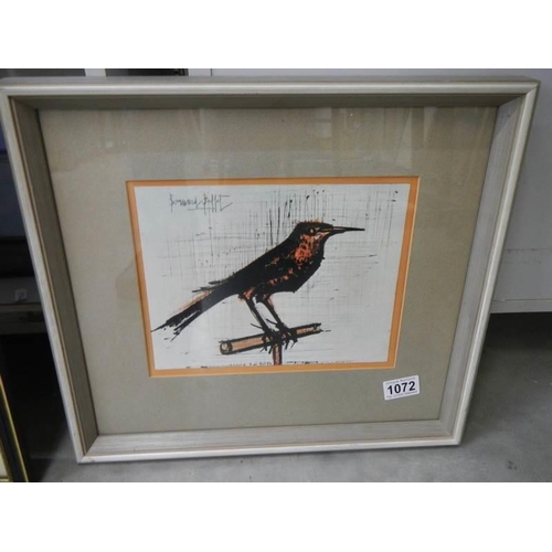 1072 - A framed and glazed study of a bird bearing the signature 'Bernard Buffet'.