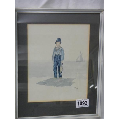 1092 - A framed and glazed water colour of a young standing fisherman initialed B J.