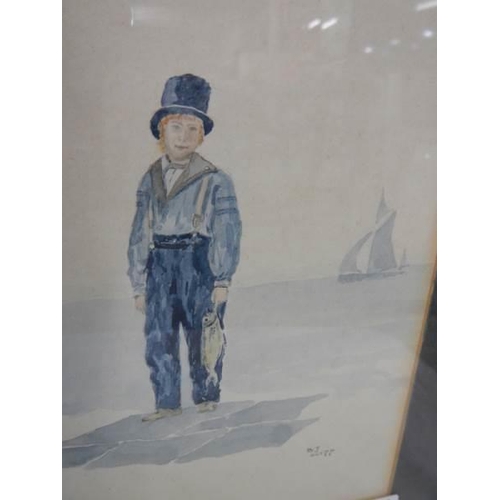 1092 - A framed and glazed water colour of a young standing fisherman initialed B J.