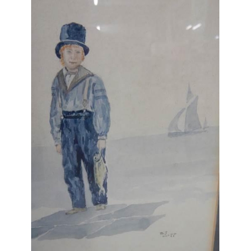 1092 - A framed and glazed water colour of a young standing fisherman initialed B J.