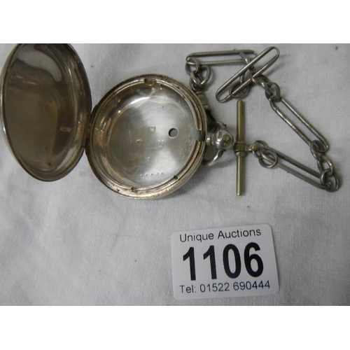 1106 - A silver pocket watch case on plated chain.