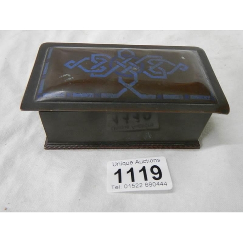 1119 - A small bronze box with blue inlay.