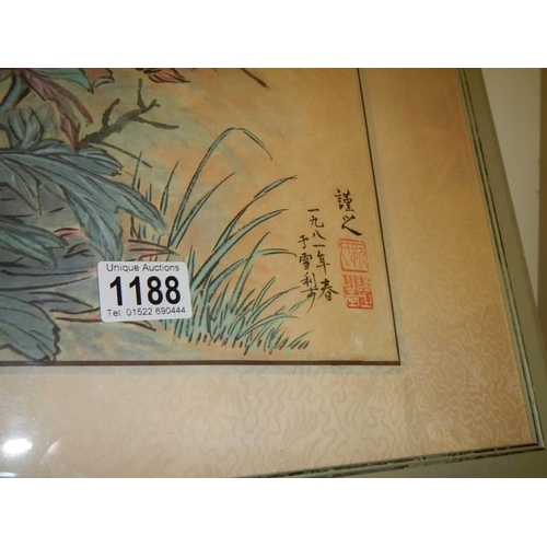 1188 - A large framed and glazed Chinese signed floral watercolour, COLLECT ONLY.