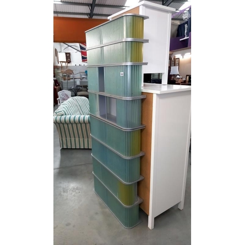 1000 - A retro style stacking shelving unit with light blue opaque sliding plastic doors, 76cm x 20cm x 180... 